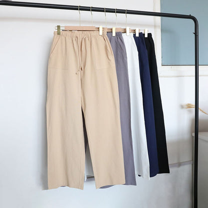 Women's Cotton Linen Pants Wide Leg Mid Waisted Harem Loose Soft Elastic Waist White Summer Pants Casual Trousers for Female