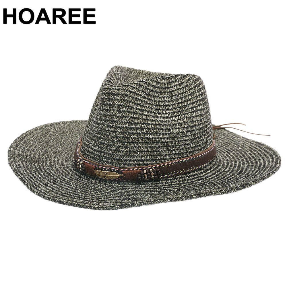 Women Straw Summer Hats Wide Brim Beach Hat Sombrero Men Fedora Sun Visor Belt Decoration Khaki Jazz Sun Hat