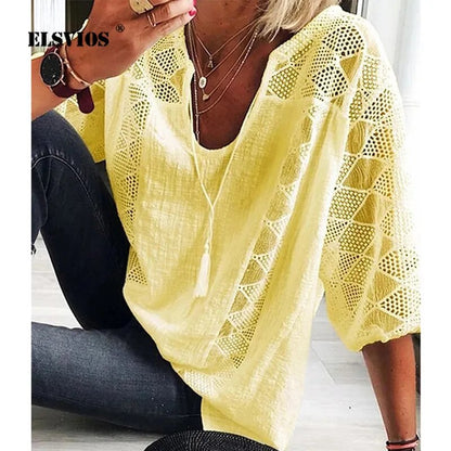 Summer V-neck Lace Cotton Linen Shirt Spring Three Quarter Sleeve Plus Size Blouse Casual Patchwork Women Tops and Blouses