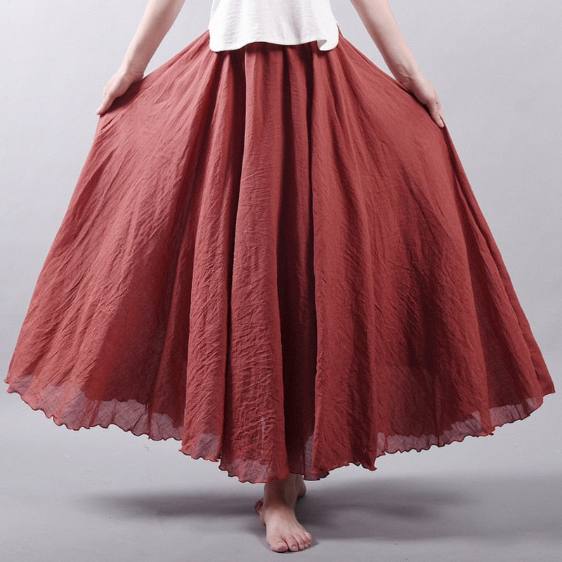 Women Linen Cotton Long Skirts Elastic Waist Pleated Maxi Skirts Beach Boho Vintage Summer Skirts Faldas Saia