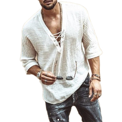 Mens Fashion Hippie Shirt Casual Middle Sleeve V Neck Summer Beach Loose Tee Tops