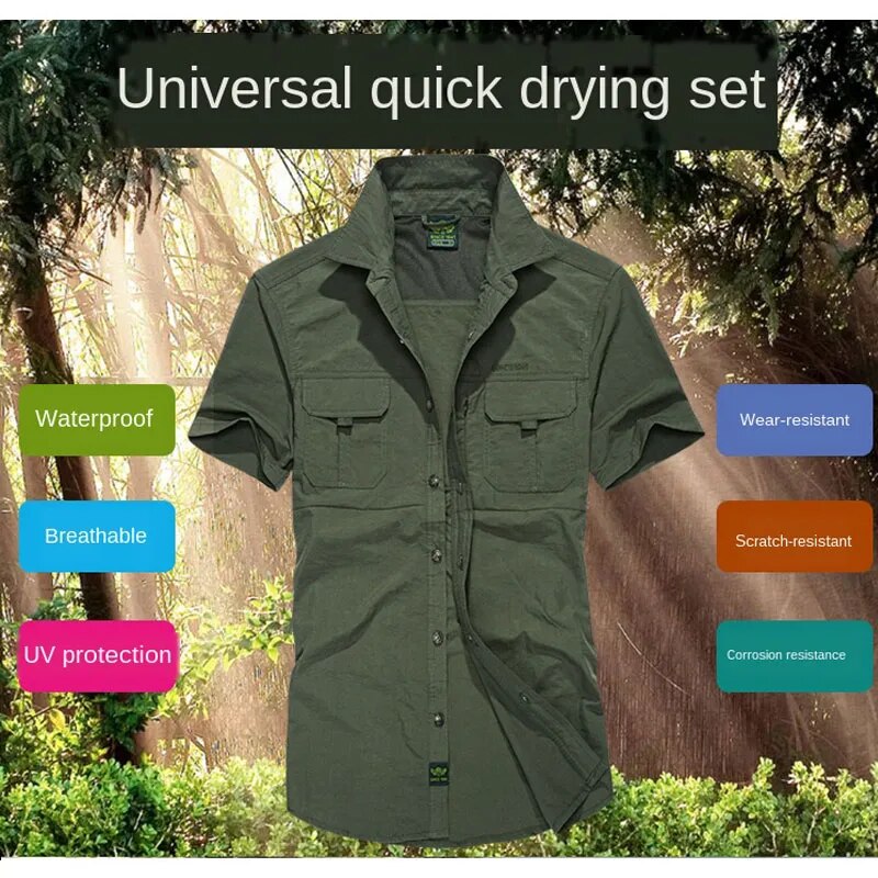 Mens Summer Short Sleeve Outdoor Shirt Pockets Quick Dry Blouse Mountaineering Hiking Fishing Military Working Clothes Big Size