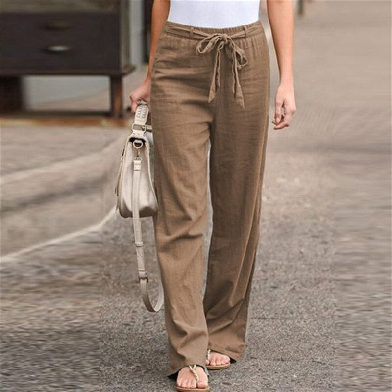 Women Linen Cotton Pants Summer Spring Casual Solid Elastic Waist Straight Trousers 2021 Female Loose Ankle-length Long Pants