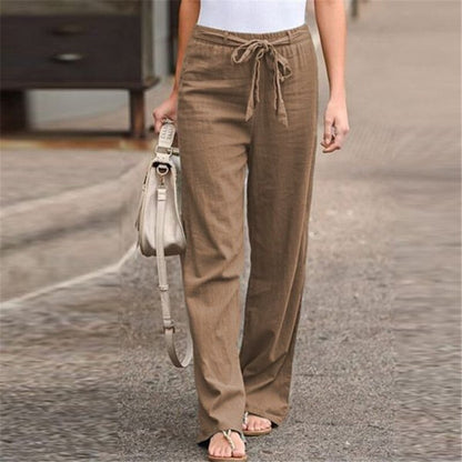 Women Linen Cotton Pants Summer Spring Casual Solid Elastic Waist Straight Trousers 2021 Female Loose Ankle-length Long Pants