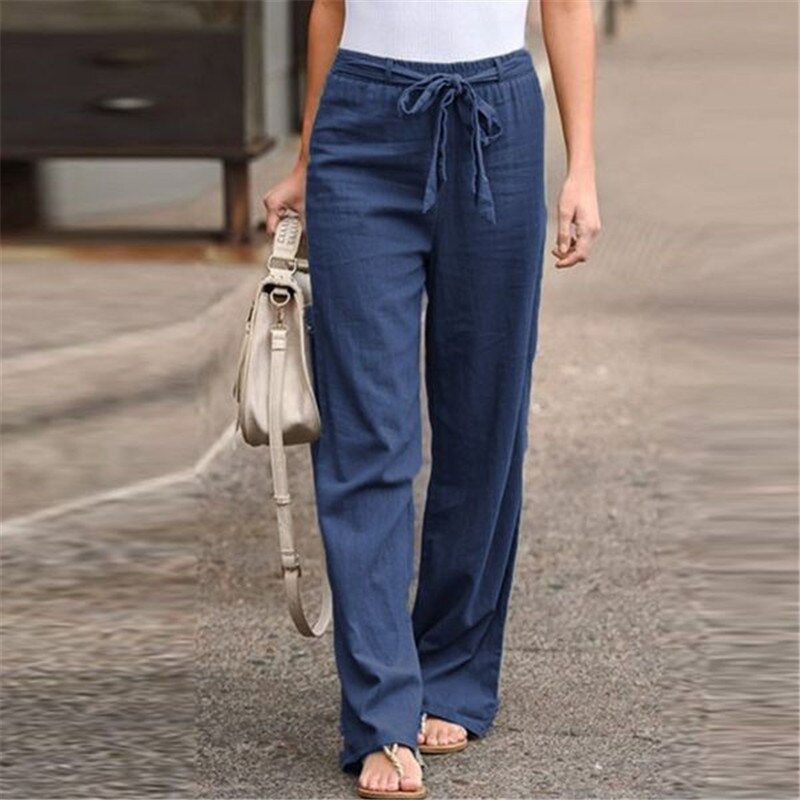 Women Linen Cotton Pants Summer Spring Casual Solid Elastic Waist Straight Trousers 2021 Female Loose Ankle-length Long Pants