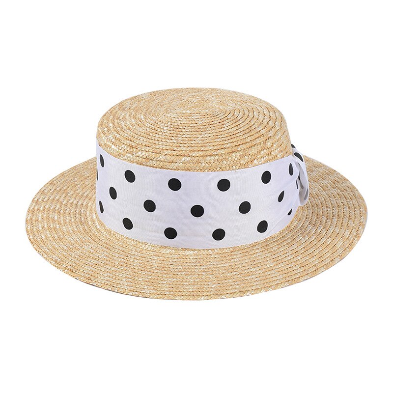 New summer hats women natural wheat straw hats polka dots ribbon beach hats female flat  top sun hats