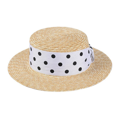 New summer hats women natural wheat straw hats polka dots ribbon beach hats female flat  top sun hats