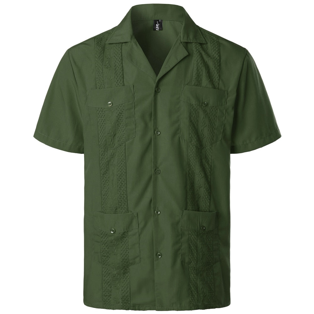 Army Green Mens Four-Pocket Guayabera Shirt Short Sleeve Cuban Camp Collar Shirts Men Embroidered Wedding Mexican Beach Shirt