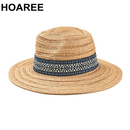 HOAREE Handmade Summer Hats Women Sun Straw Hat Men Fedora Khaki Ethnic Breathable Outdoor UV Protection Jazz Sunshade Hat