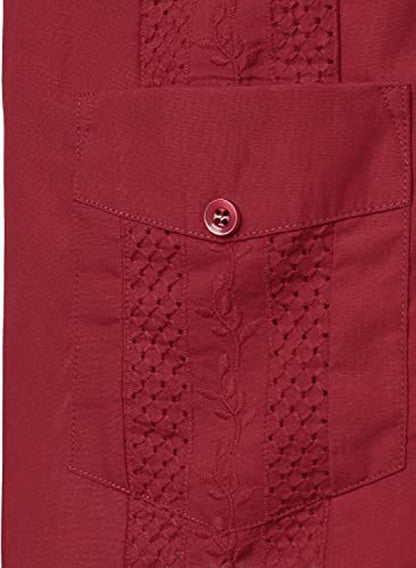 Wine Red Four-Pocket Cuban Guayabera Shirt Men Short Sleeve Camp Collar Shirt Male Embroidered Mexican Cigar Wedding Beach Shirt