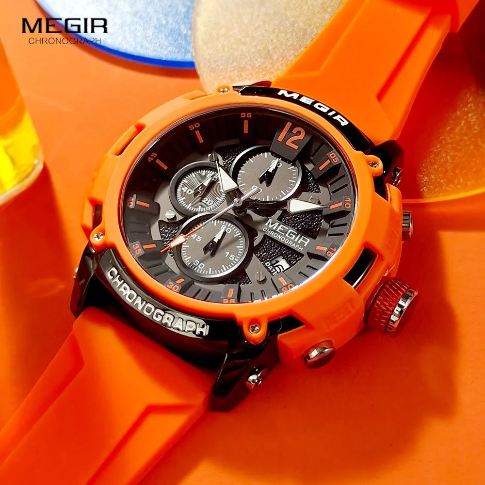 Watches for Men Orange Sport Fashion Waterproof Luminous Chronograph Quartz Wristwatch with Auto Date Silicone Strap 2208