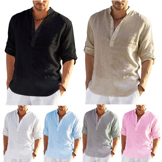 Casual Daily Linen Long Sleeve Solid Color Loose Casual Shirt Long Sleeve Cotton Tops Blouses Men Clothing