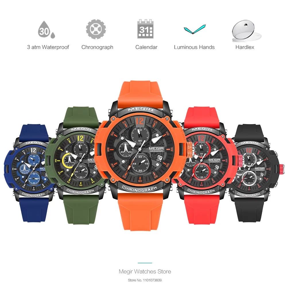 Watches for Men Orange Sport Fashion Waterproof Luminous Chronograph Quartz Wristwatch with Auto Date Silicone Strap 2208