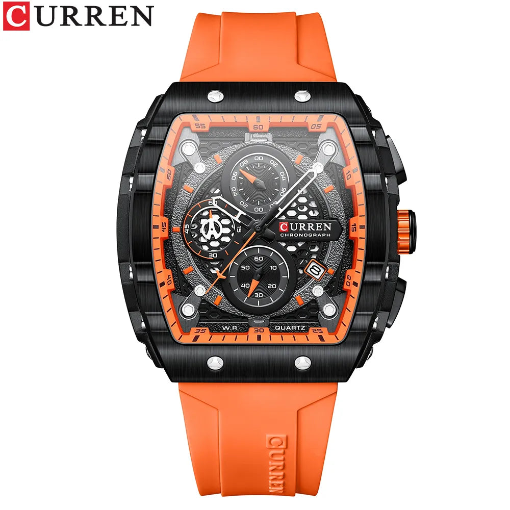 Chronograph Quartz Watch for Men Tonneau Dial Military Sport Wristwatch with Orange Silicone Strap Auto Date