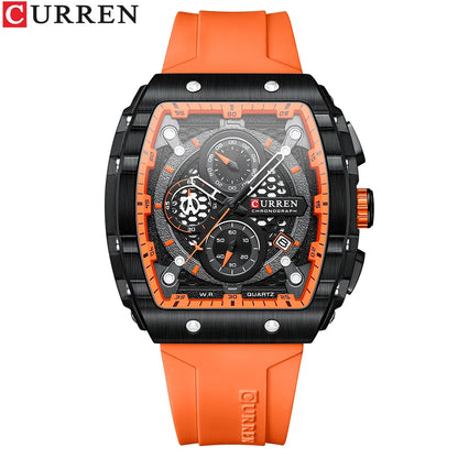 Chronograph Quartz Watch for Men Tonneau Dial Military Sport Wristwatch with Orange Silicone Strap Auto Date