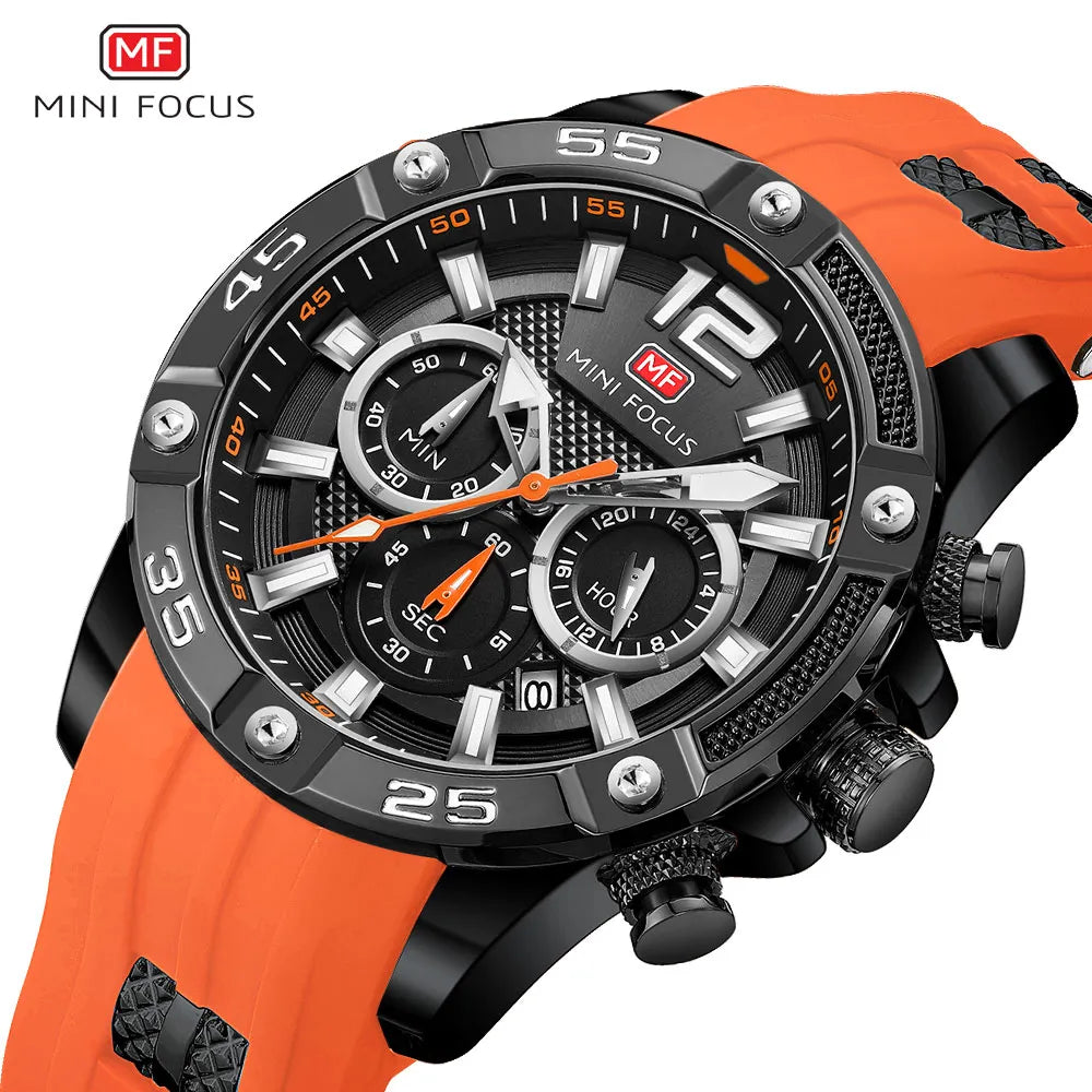 Watch for Men MINI FOCUS Orange Military Sport Chronograph Quartz Wristwatch with Silicone Strap Waterproof Luminous Hands 0349