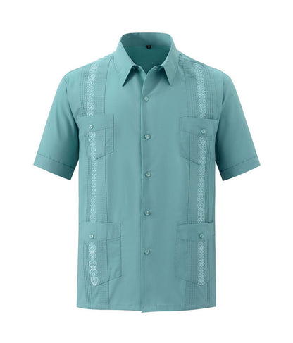 Men's Short Sleeve Embroidered Guayabera Shirt - Summer Must-Have, Premium Fabric, Embroidered, Breathable, Comfortable