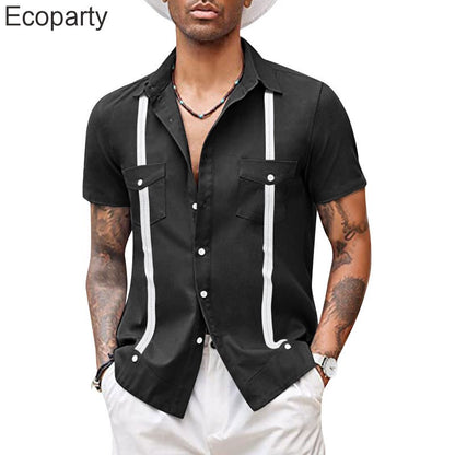 Men's Fashion Cuban Camp Collar Guayabera Shirt Summer Short Sleeve Patchwork Mexican Caribbean Style Beach Shirt Chemise Homme