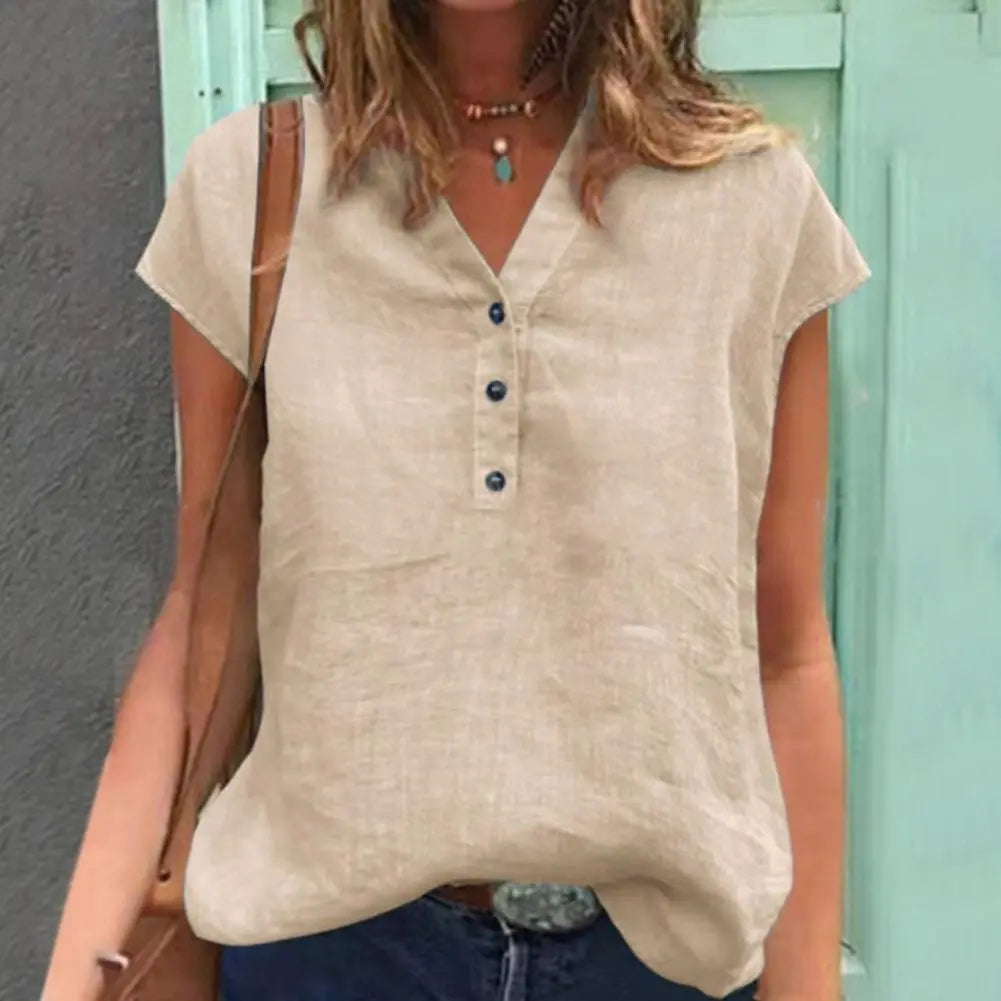 Cotton Linen V-Neck Summer Blouse Short Sleeve Buttons Simple T-shirt Women Solid Color Pullover Top Female Clothing