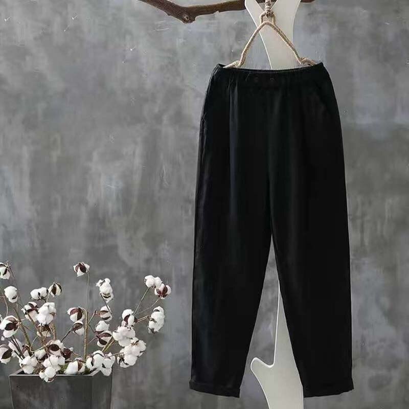 Women Cotton Linen Pants Spring Summer Ankle-Length Trousers Female Elastic Waist Casual Loose Solid Harem Pants  Capri
