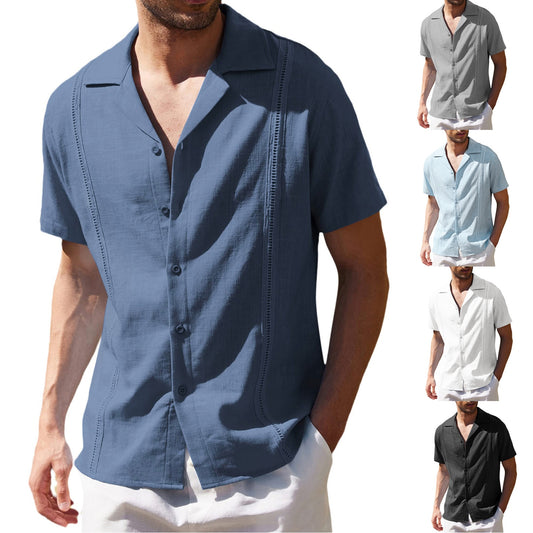 Men's Traditional Cuban Camp Collar Guayabera Shirt Short Sleeve Embroidered Mens Shirts Soft Breathable Solid Color Beach Shirt