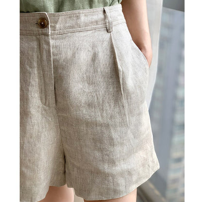 2023 Summer 100% Linen Women'S Shorts Casual High Waist Wide Leg Button Up Elegant Ol Short Pants Vetements Femme шорты женский