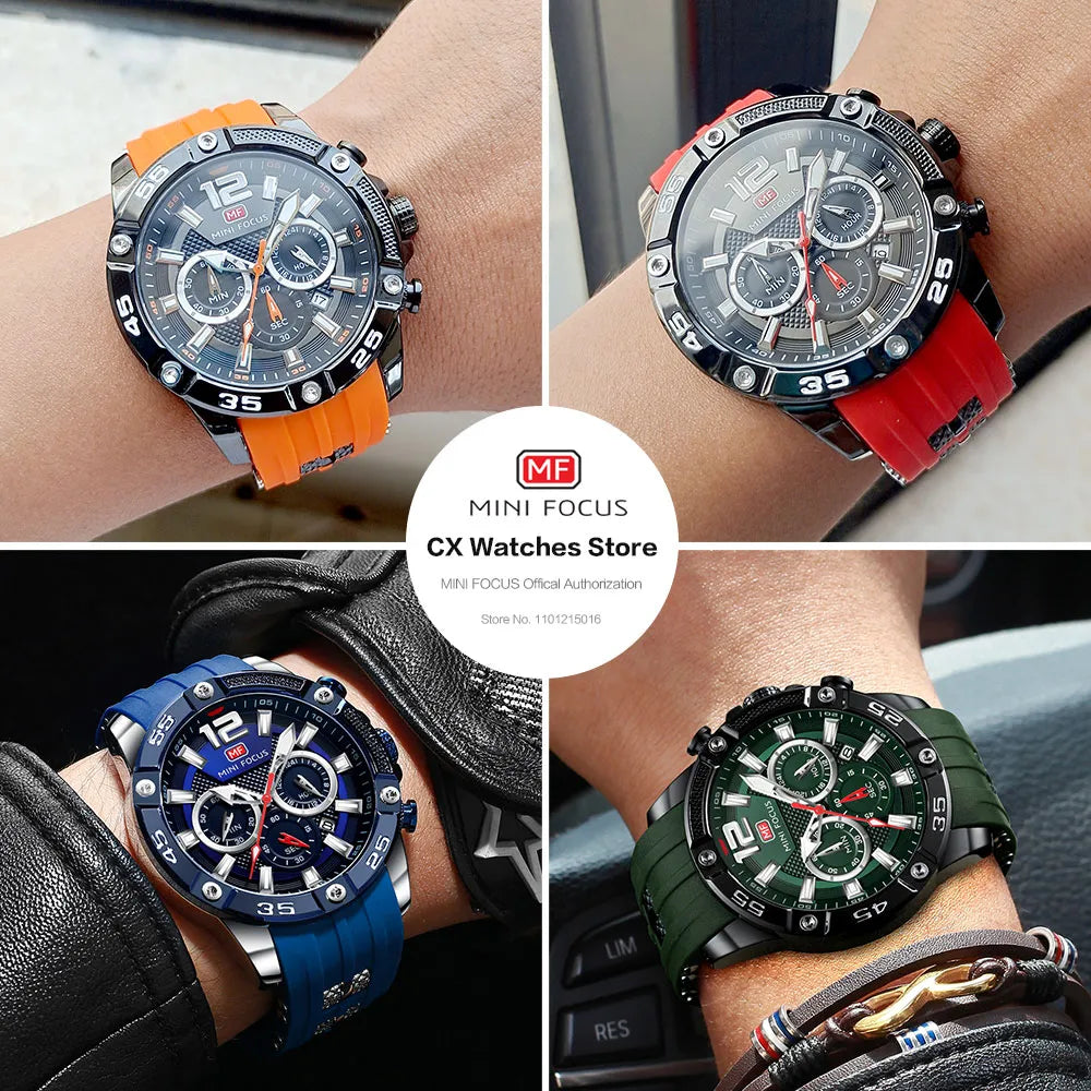 Watch for Men MINI FOCUS Orange Military Sport Chronograph Quartz Wristwatch with Silicone Strap Waterproof Luminous Hands 0349