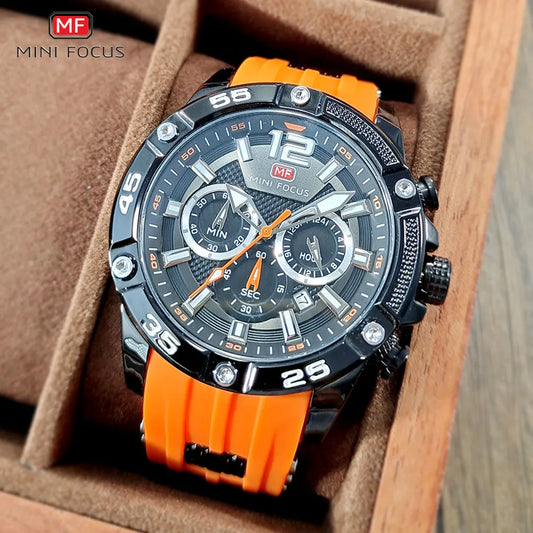 Watch for Men MINI FOCUS Orange Military Sport Chronograph Quartz Wristwatch with Silicone Strap Waterproof Luminous Hands 0349