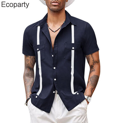Men's Fashion Cuban Camp Collar Guayabera Shirt Summer Short Sleeve Patchwork Mexican Caribbean Style Beach Shirt Chemise Homme