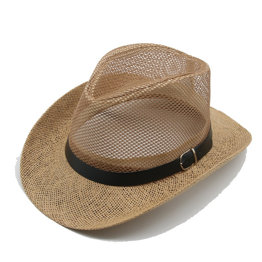 Western Mens Cowboys Belt Sun Hats Visor Panama Mesh Jazz Caps Classic Khaki Summer Hats New Bucket Sombreros De Mujer