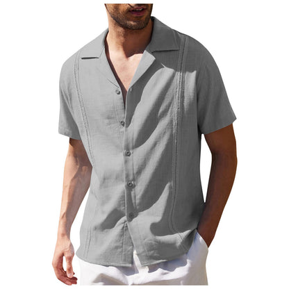 Men's Traditional Cuban Camp Collar Guayabera Shirt Short Sleeve Embroidered Mens Shirts Soft Breathable Solid Color Beach Shirt