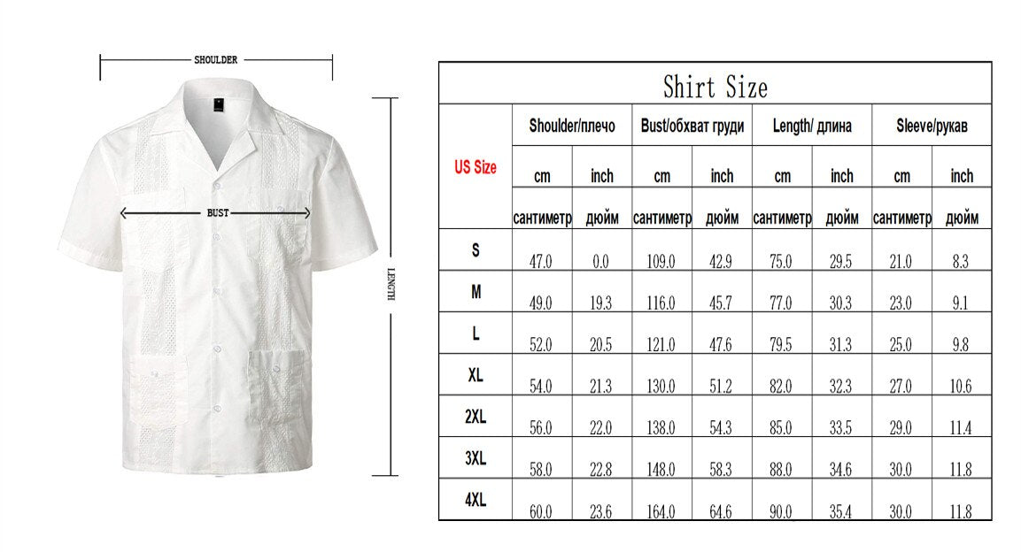 Mens Four-Pocket Blue Guayabera Shirt Short Sleeve Cuban Camp Collar Shirts Men Embroidered Wedding Mexican Cigar Beach Shirt