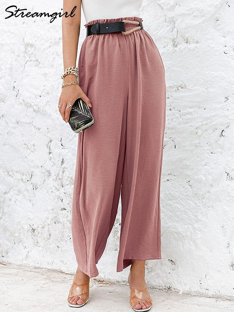 Wide Linen Pants Women Summer 2022 High Waisted Cotton Office Woman Loose Trousers Elastic Waist Casual Summer Pants For Women