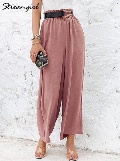 Wide Linen Pants Women Summer 2022 High Waisted Cotton Office Woman Loose Trousers Elastic Waist Casual Summer Pants For Women