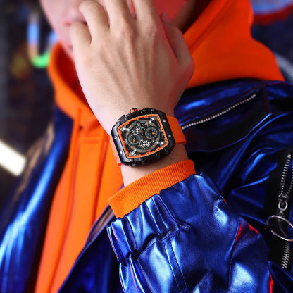 Chronograph Quartz Watch for Men Tonneau Dial Military Sport Wristwatch with Orange Silicone Strap Auto Date