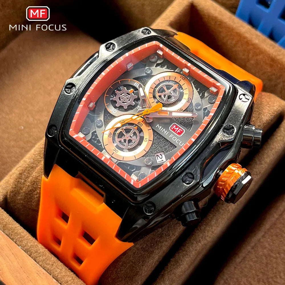 Watch Men Sport Quartz MINI FOCUS Military Orange Silicone Strap Waterproof Chronograph Wristwatch with Date Luminous Hands 0473