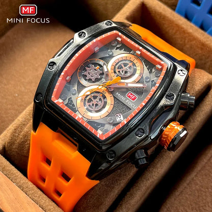 Watch Men Sport Quartz MINI FOCUS Military Orange Silicone Strap Waterproof Chronograph Wristwatch with Date Luminous Hands 0473