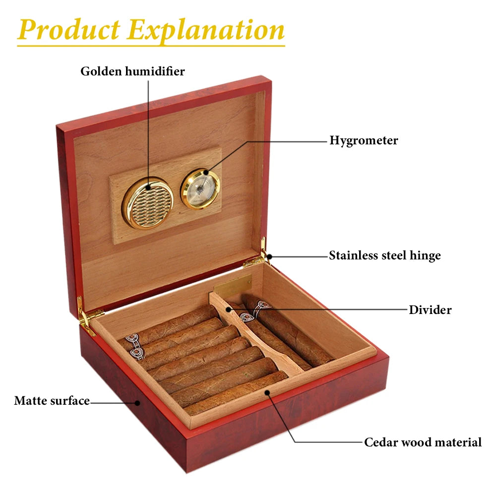 Wood 20 Count Cigar Humidor Box Brown Cedar Lined Portable Cigar Humidor Humidifier With Hygrometer Case Box Moisturizing Device