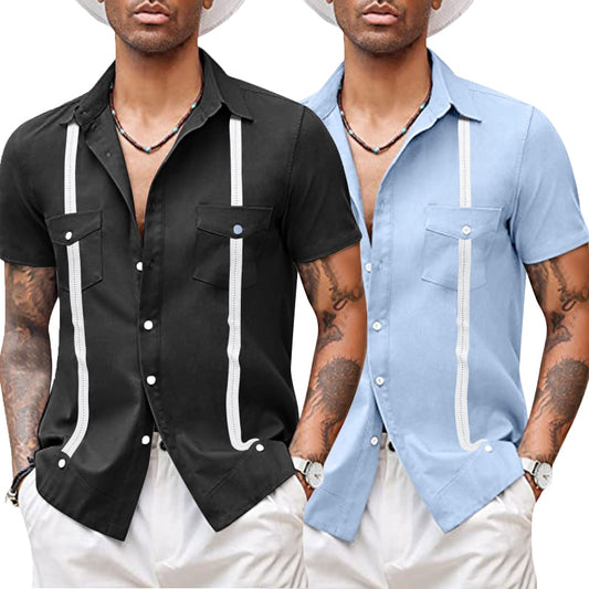 Men's Fashion Cuban Camp Collar Guayabera Shirt Summer Short Sleeve Patchwork Mexican Caribbean Style Beach Shirt Chemise Homme