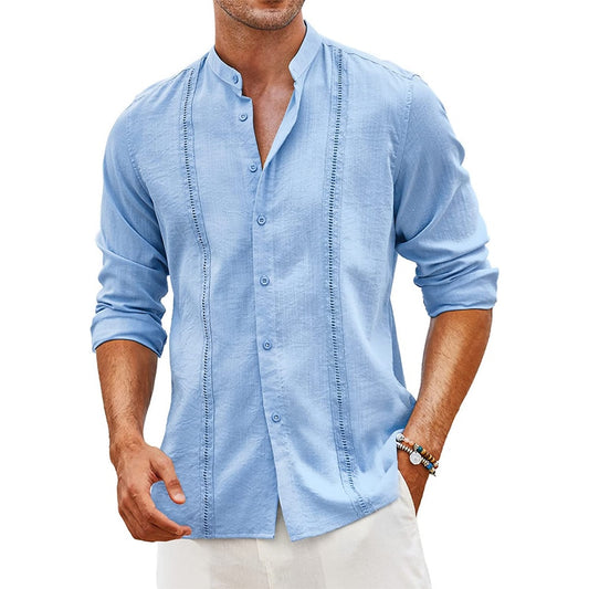 Men's Cuban Guayabera Shirts Linen Casual Long Sleeve Button Down Shirt Band Collar Summer Beach Tops