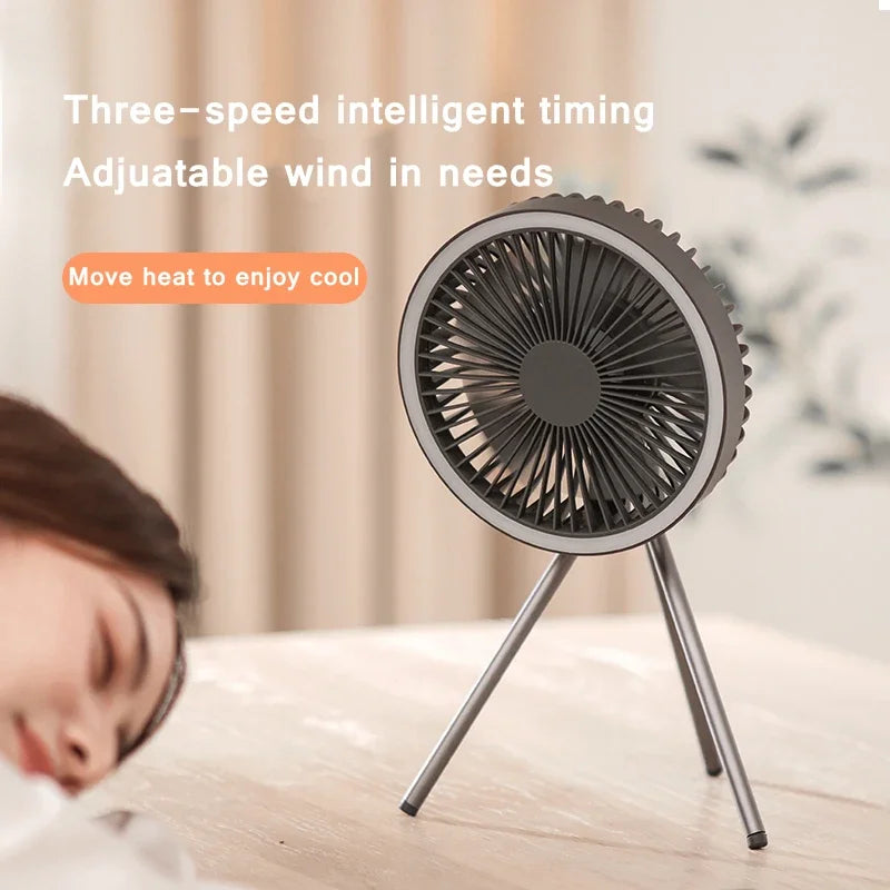 Fan Rechargeable Camping Desktop Portable Air Circulator Wireless Ceiling Electric Fan with Power Bank LED Light Tripod