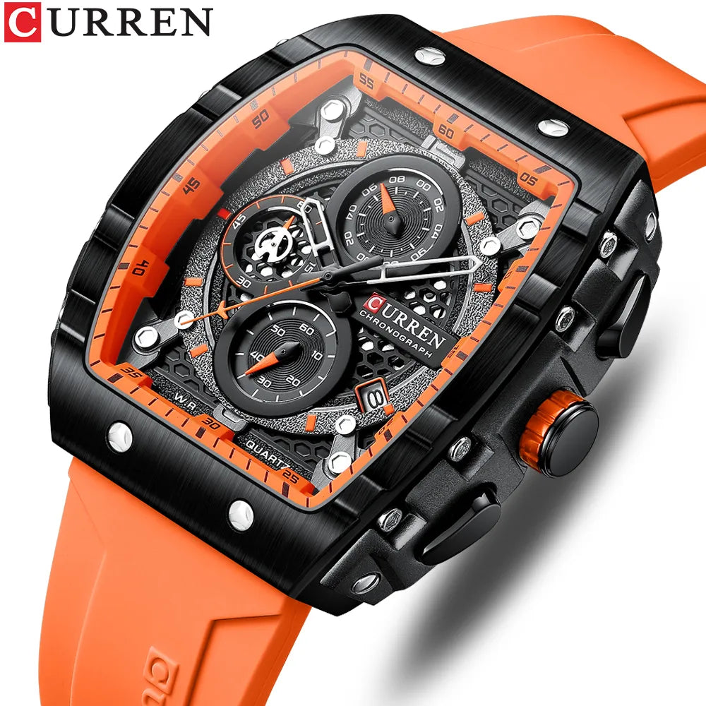 Chronograph Quartz Watch for Men Tonneau Dial Military Sport Wristwatch with Orange Silicone Strap Auto Date