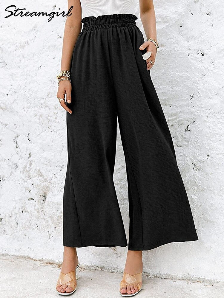 Wide Linen Pants Women Summer 2022 High Waisted Cotton Office Woman Loose Trousers Elastic Waist Casual Summer Pants For Women