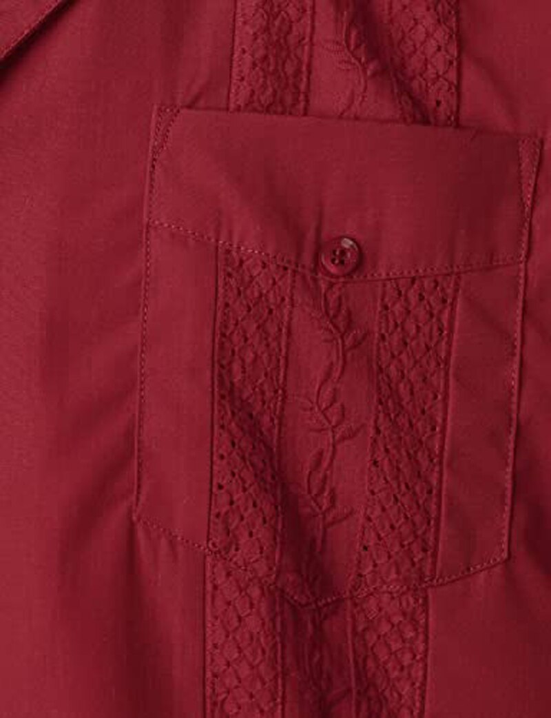 Wine Red Four-Pocket Cuban Guayabera Shirt Men Short Sleeve Camp Collar Shirt Male Embroidered Mexican Cigar Wedding Beach Shirt