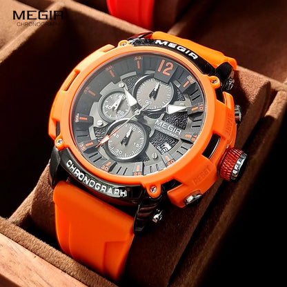 Watches for Men Orange Sport Fashion Waterproof Luminous Chronograph Quartz Wristwatch with Auto Date Silicone Strap 2208