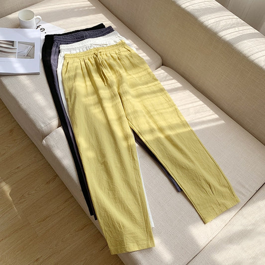 Spring Summer Cotton Linen Pants Women High Waist  Loose Casual Candy Colors Harem Pants Capris  Women's Wide Trousers