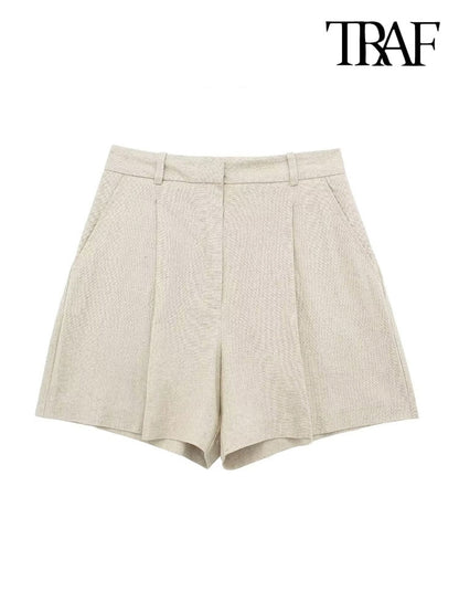 TRAF Women Fashion Side Pockets Front Darted Linen Bermuda Shorts Vintage High Waist Zipper Fly Female Short Pants Mujer