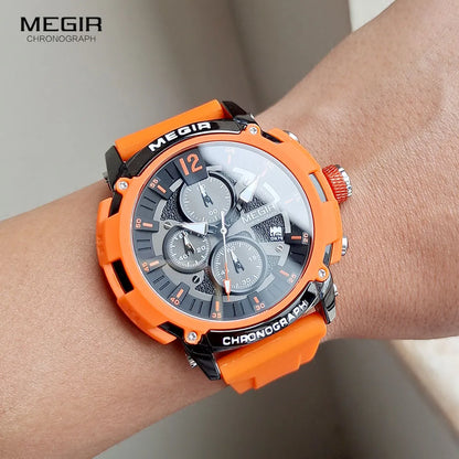 Watches for Men Orange Sport Fashion Waterproof Luminous Chronograph Quartz Wristwatch with Auto Date Silicone Strap 2208