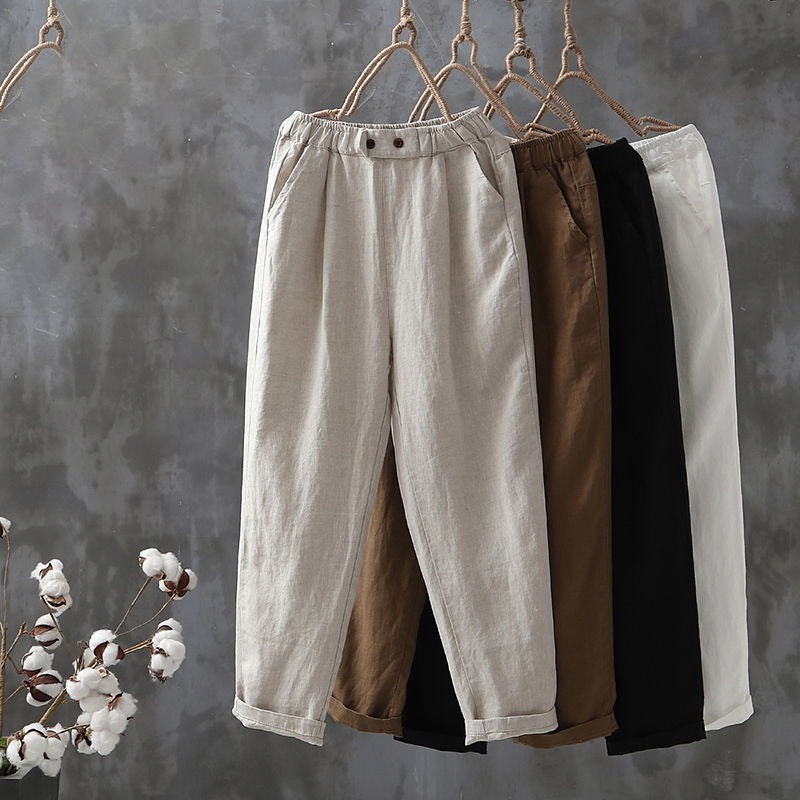 Women Cotton Linen Pants Spring Summer Ankle-Length Trousers Female Elastic Waist Casual Loose Solid Harem Pants  Capri