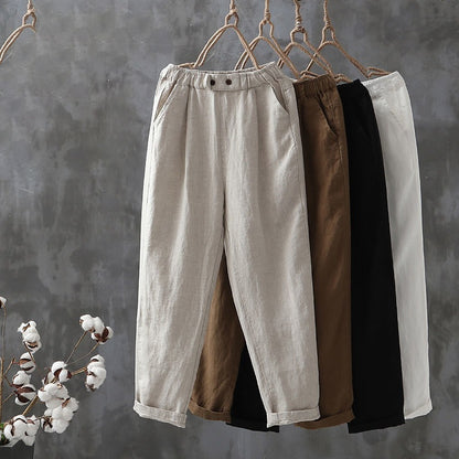 Women Cotton Linen Pants Spring Summer Ankle-Length Trousers Female Elastic Waist Casual Loose Solid Harem Pants  Capri